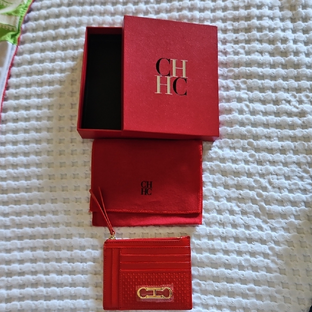 Carolina Herrera Red Leather Card Holder with Gold-Tone Accent